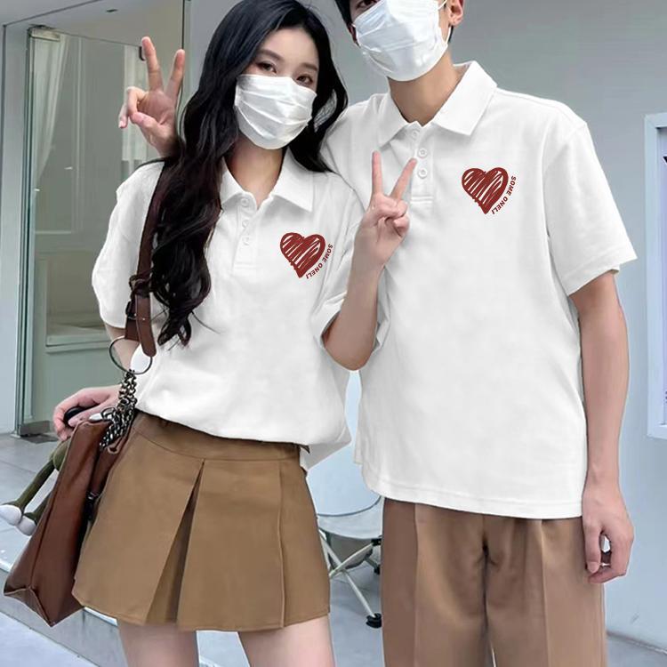 ペアルック カップル 夏 メンズ レディース トップス 半袖 ポロシャツ Tシャツ 大きいサイズ ゆったり お揃い 個性的 カジュアル 黒 白 ハート 英字