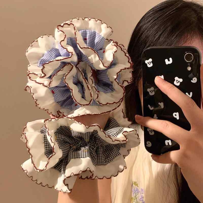 シュシュ ヘアゴム レディース ブルー チェック柄 ボリューム 韓国 ダブルレイヤー 大きめ ヘアアクセ..