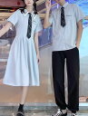 制服風 ペアルック 夏 メンズ レディース 襟 半袖 シャツ ワンピース 長ズボン 大きいサイズ カップル お揃い カレッジスタイル 個性的 青 英字