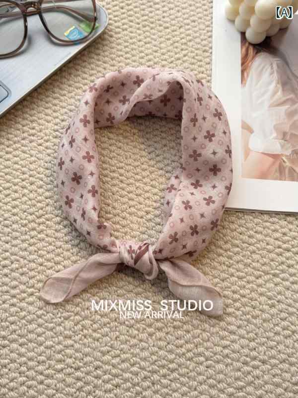 頭 巻く スカーフ おしゃれ ピンク 四つ葉クローバー柄 春夏 薄手 ミニスカーフ 通勤 重ね巻き 首元