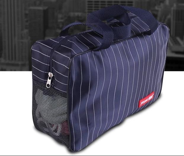 楽天フロントップ楽天市場店メッシュ スパ バッグ 洗面用具 スキンケア 化粧品 収納 ポーチ 防水 大容量 手提げげ 男女兼用 ジム 旅行 出張 ビーチ ストライプ柄 おしゃれ 青 茶