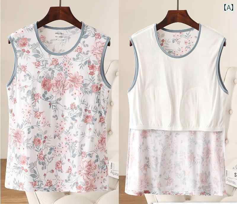 Tank Tops - 婦人シニア ノースリーブ 下着 快適 肌着 おしゃれ レディース 大きいサイズ ノンワイヤー 胸パッド 透け防止 綿 花柄 夏 インナー