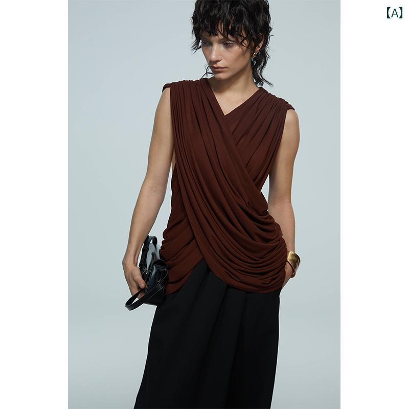 タンクトップ レディース おしゃれ ワインレッド Vネック キャミソール クロス ギャザー ノースリーブ 夏