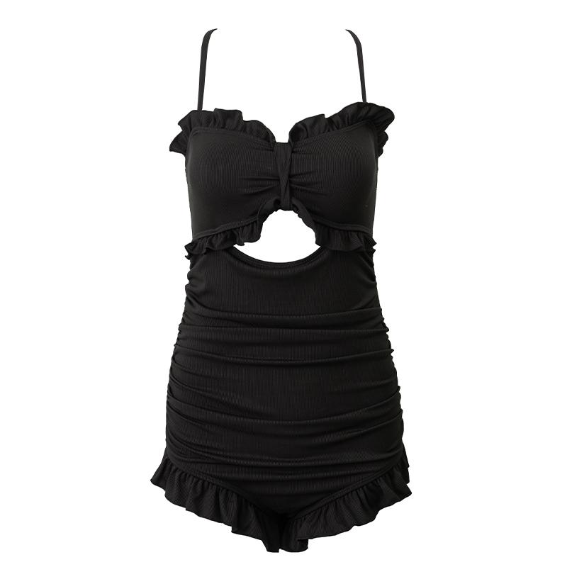 水着 レディース 夏 ビーチ リゾート 旅行 プール 大きいサイズ スリム ワンピース キャミソール バッククロスオープン セット カバーアップ フリル おしゃれ 黒 蝶