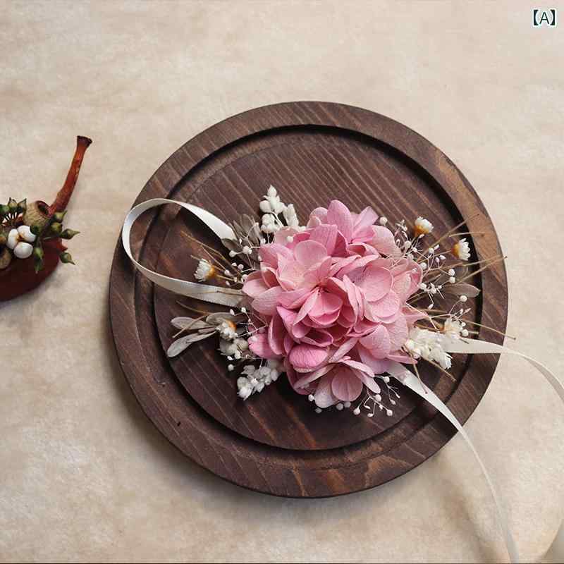 リストブーケ コサージュ ブートニア バラ 紫陽花 リボン どんぐり 小花 葉 おしゃれ レトロ アクセサリー フォーマル 結婚式 パーティー ドレス 装飾 手首 花嫁 花婿 写真 撮影 ナチュラル ピンク 赤 青