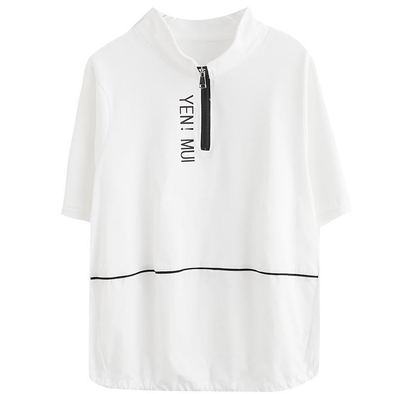 Rakuten - Tシャツ レディース おしゃれ 半袖 ファスナー ハーフハイネック ゆったり 大きいサイズ ロゴプリント 体型カバー 韓国 夏