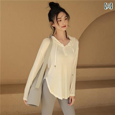 フィットネス ウェア レディース トップス おしゃれ 快適 Tシャツ フード パーカー 長袖 ヨガ アーチ ヘム ニットボタン スポーツ ラン..
