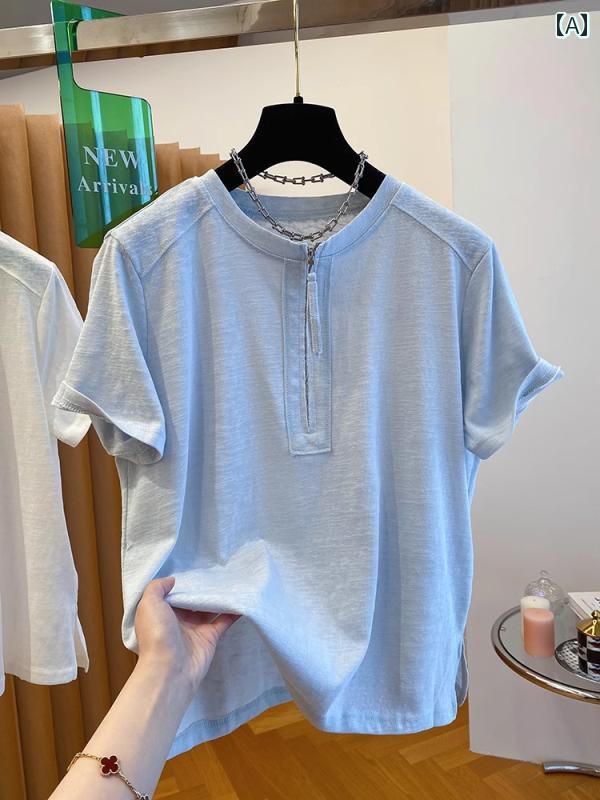 Other - Tシャツ レディース おしゃれ トップス 大きいサイズ 半袖 ハーフジップ スリット フレンチ 韓国 日焼け防止 着痩せ 体型カバー シンプル コーデしやすい