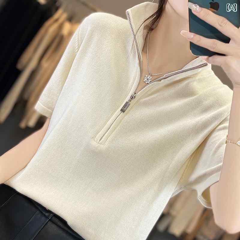 Tシャツ レディース おしゃれ トップス 半袖 ポロカラー ハーフジップ 襟 夏 ゆったり 体型カバー カジュアル 綿 シンプル