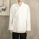 中国 衣装 道士服 レトロ チャイナ風 斜め襟 紐 長袖 大人 メンズ 大きいサイズ ゆったり フェイクツーピース シンプル 無地 おしゃれ 白 黒 紺