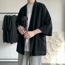 甚平風 羽織 道士服 レトロ 大人 メンズ 大きいサイズ ゆったり 紐 ポケット 七分袖 シンプル 無地 カジュアル おしゃれ 青 黒