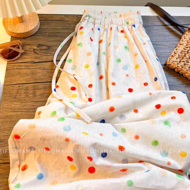 バルーンパンツ レディース おしゃれ 快適 長ズボン 夏 薄手 カラフル ドット柄 ビッグシルエット ハイウエスト 落ち感 リラックス ルーズ きれいめ フリルヘム ランタン 裾 休み