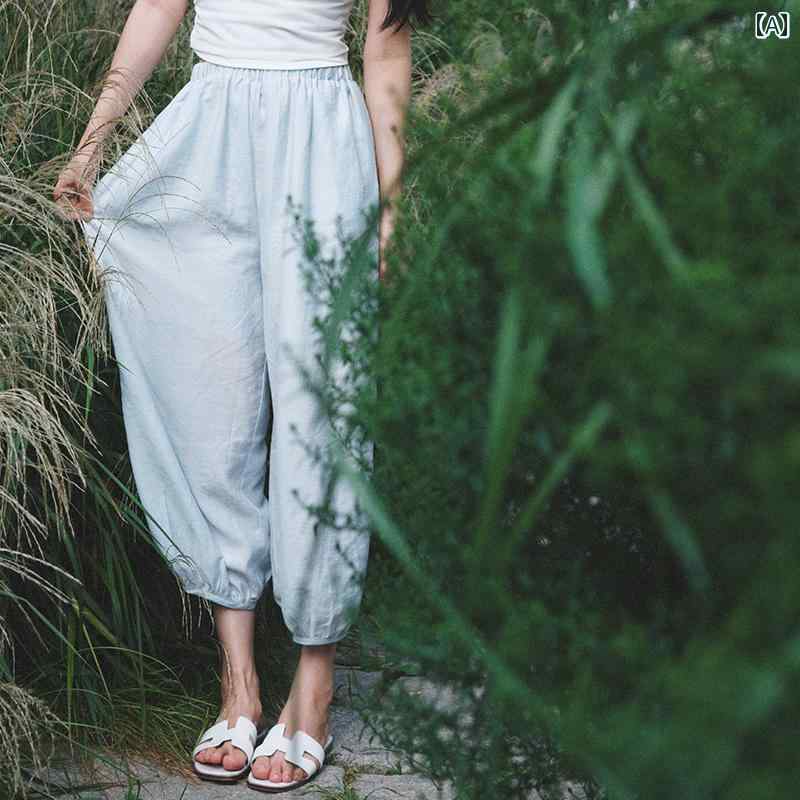 バルーンパンツ レディース おしゃれ 快適 長ズボン ライトブルー ランタン ワイド ゆったり 夏 薄手 透け感 脚長効果 涼しい シンプル 無地 カジュアル 体型カバー