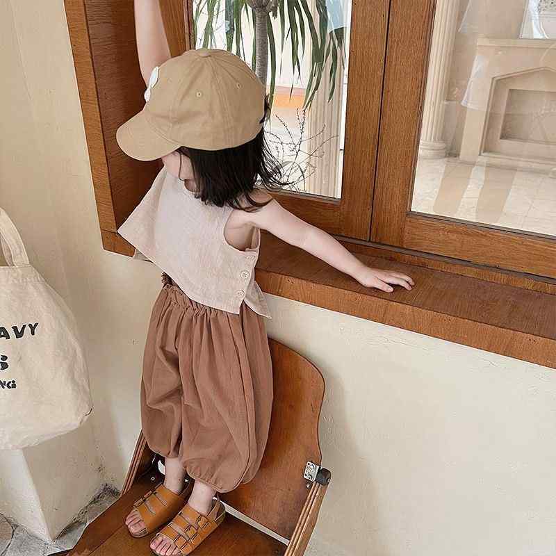 バルーンパンツ 女の子 キッズ おしゃれ 快適 長ズボン セットアップ 森ガール 綿麻 ランタン 虫よけ 蚊よけ 九分丈 ノースリーブ 夏 レトロ