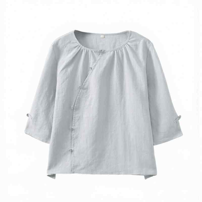 Other - トップス レディース おしゃれ ブルー 中国風 斜め襟 飾りボタン Uネック 禅茶服 日焼け防止 ランタンスリーブ 七分袖 麻 通気性