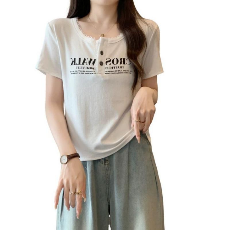 Tシャツ レディース 大きいサイズ 半袖 韓国 ラウンドネック レース切替 ボタン プリント カジュアル