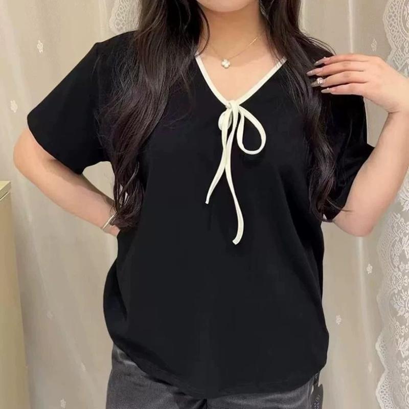Tシャツ レディース 大きいサイズ Vネック リボン 半袖 ゆったり 色 着痩せ