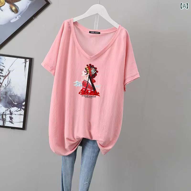 Tシャツ レディース 大きいサイズ 夏 Vネック 半袖 ゆったり 体型カバー チュニック丈 トップス プリント カジュアル