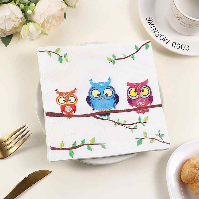 ペーパーナプキン おしゃれ テーブルコーディネート 紙ナプキン フクロウ 動物 カラフル キャラクター プリント 西洋 レストラン ホテル カフェ パルプ