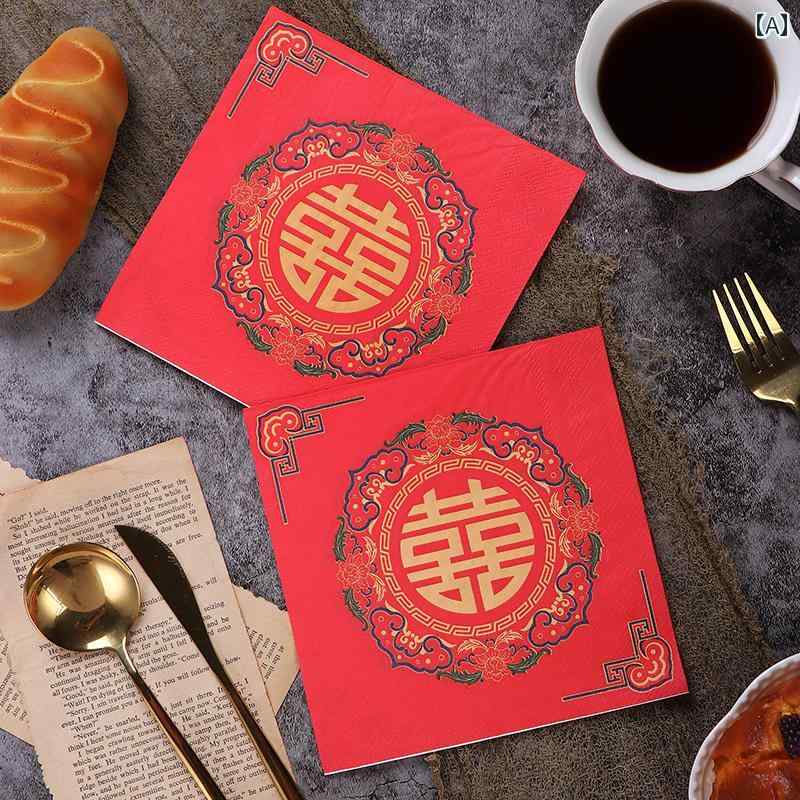 テーブルコーディネート ペーパータオル 赤 双喜 プリント 中華風 結婚式 装飾 カラフル テーブルデコレーション 20枚
