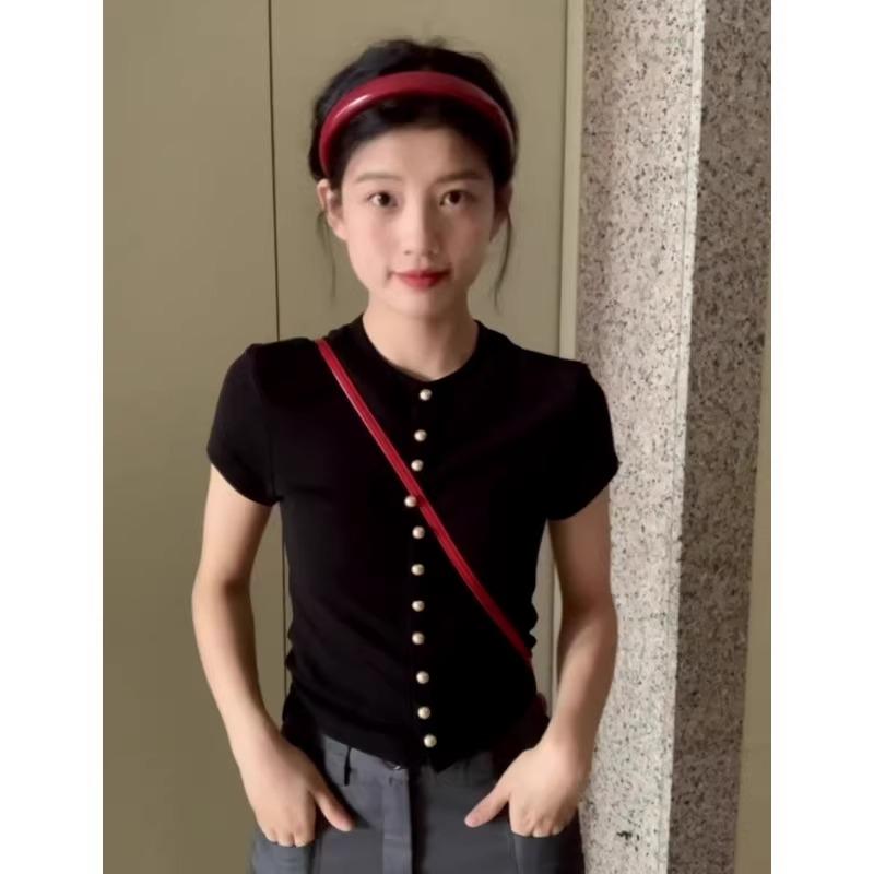 Tシャツ レディース おしゃれ 黒 半袖 フレンチ スリム ショート丈 ハイウエスト 上品 夏 体型カバー コンパクト