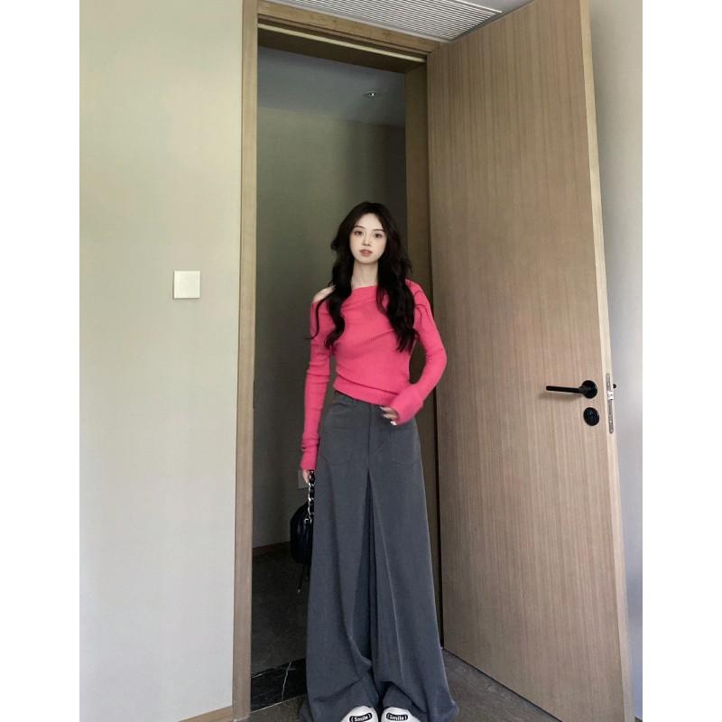 Rakuten - ニットトップス レディース おしゃれ 火龍果色 オフショルダー 長袖 セクシー クロップド ショート丈 タイト 早秋 カジュアル