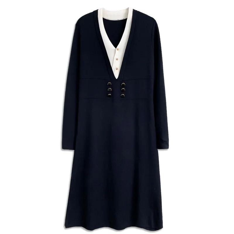 ワンピース レディース おしゃれ 大きいサイズ 秋冬 Vネック 長袖 配色 切り替え ゆったり 体型カバー 上品 ニット