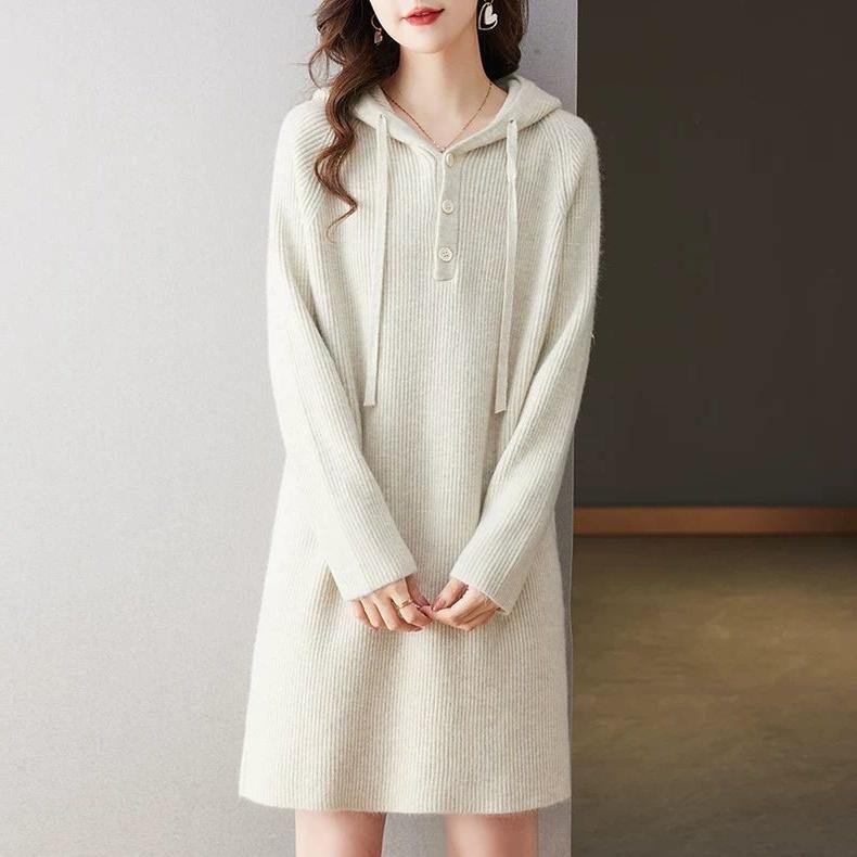ワンピース レディース おしゃれ 大きいサイズ 秋冬 長袖 フード ミディアム丈 無地 ニット