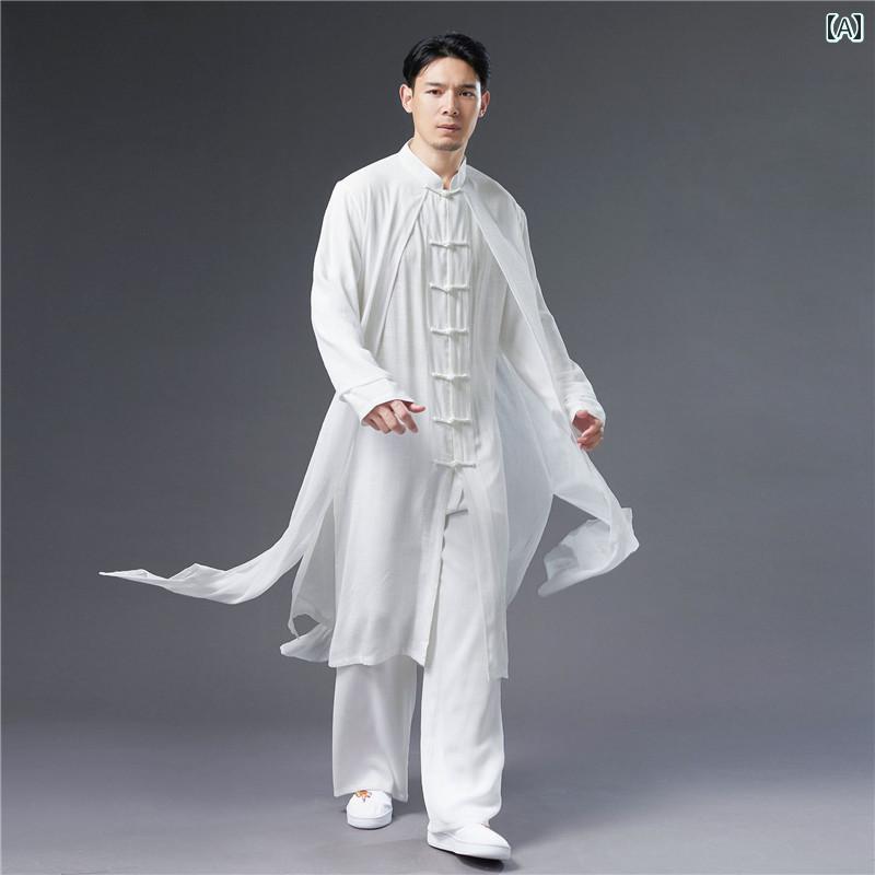 中国 衣装 メンズ 大人 大きいサイズ ゆったり レトロ チャイナ風 道士服 綿 麻 ロングシャツ 長袖 スタンドカラー ボタン スリット パンツ シフォン 白 黒 2