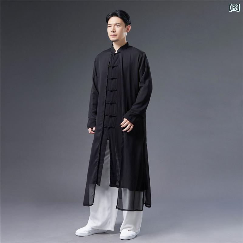 中国 衣装 メンズ 大人 大きいサイズ ゆったり レトロ チャイナ風 道士服 綿 麻 ロングシャツ 長袖 スタンドカラー ボタン スリット パンツ シフォン 白 黒 3