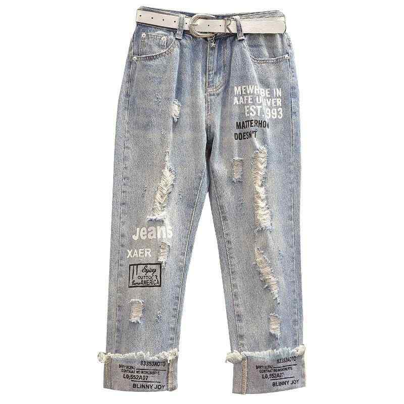 Short Pants - 七分丈 パンツ レディース おしゃれ カジュアル 夏 大きいサイズ ゆったり ショート丈 破れ加工 ダメージ ダメージ ロゴプリント デニム 体型カバー