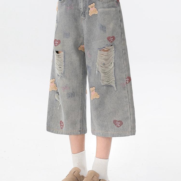 七分丈 パンツ レディース おしゃれ カジュアル 夏 ヒップホップ ゆったり 大きいサイズ 破れ加工 ダメージ ダメージ 小熊刺繍