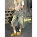 七分丈 パンツ レディース おしゃれ カジュアル デニム ブルー ダメージ加工 ハイウエスト ワイド ストレート 夏 ゆったり 体型カバー