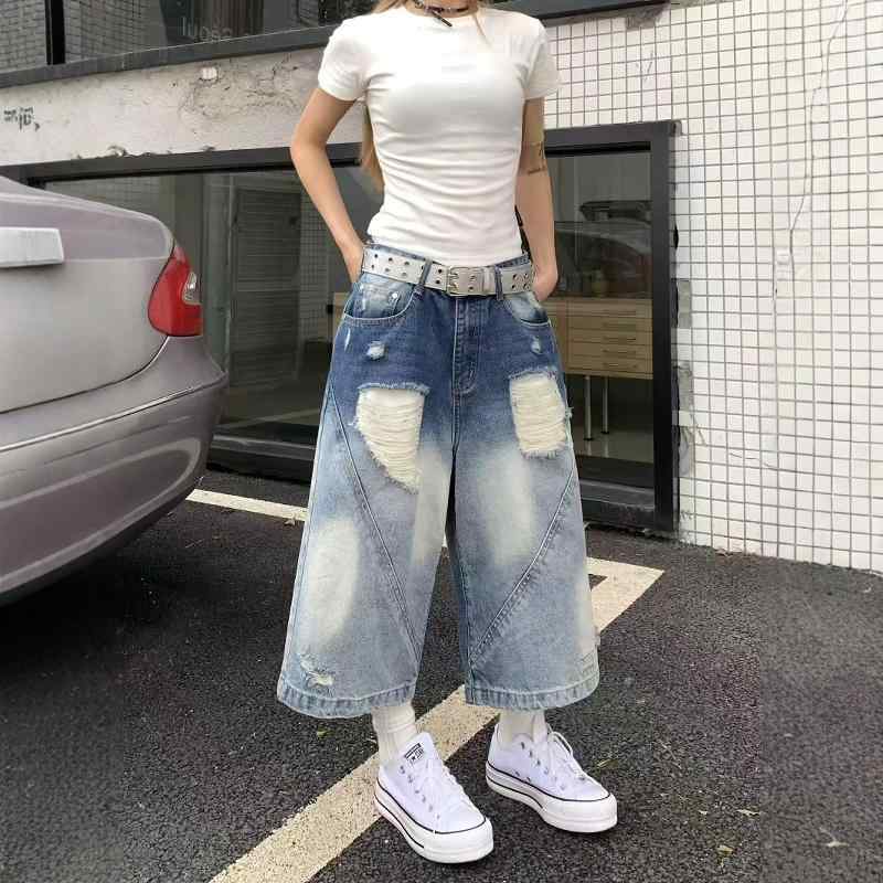 Straight Jeans - 七分丈 パンツ レディース おしゃれ カジュアル デニム メンズ 夏 ヴィンテージ風 アメリカン グラデーション ウォッシュド加工 ダメージ加工 ワイド ストレート ゆったり