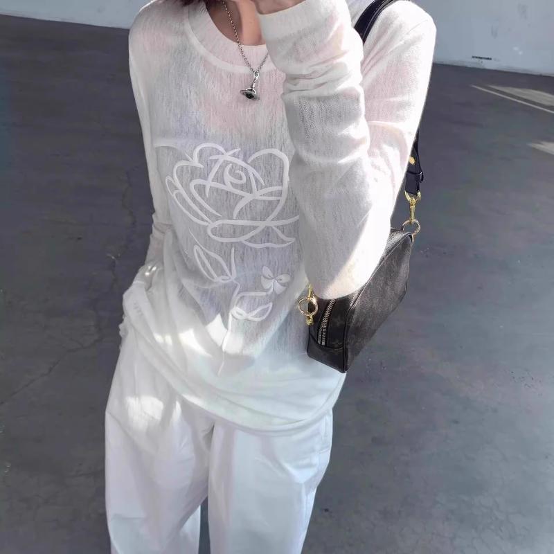 シアートップス レディース おしゃれ 透け 韓国 ホワイト 日焼け防止 夏 長袖 薄手 スリムフィット ニット セーター 薔薇 花