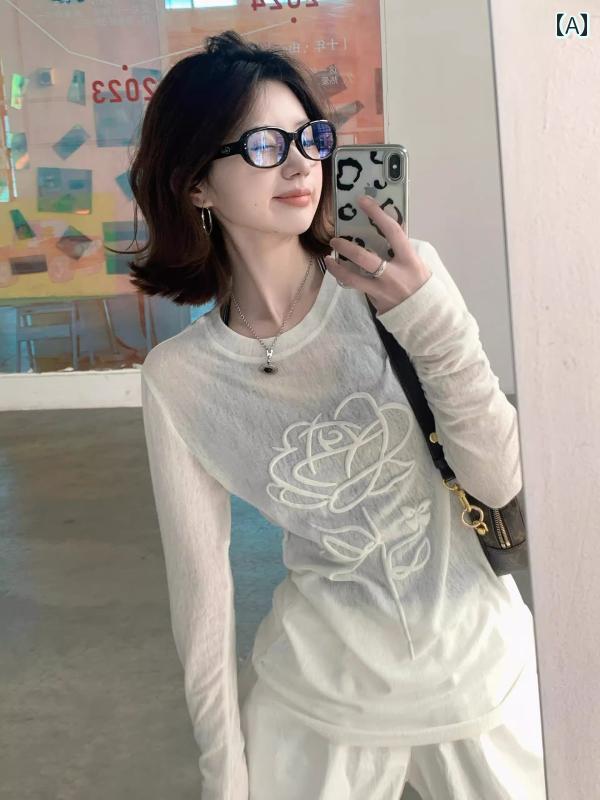 シアートップス レディース おしゃれ 透け 韓国 ホワイト 日焼け防止 夏 長袖 薄手 スリムフィット ニット セーター 薔薇 花