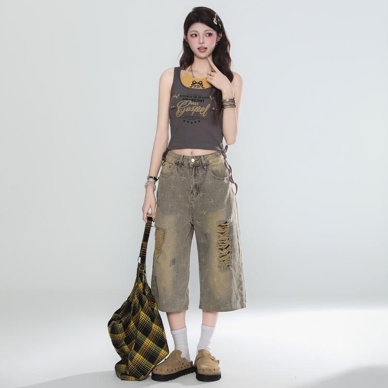 七分丈 パンツ レディース おしゃれ カジュアル デニム 夏 破れ加工 ダメージ ダメージ クロス柄 ダメージ加工 ヴィンテージ風 ウォッシュ加工 ワイド ゆったり 体型カバー