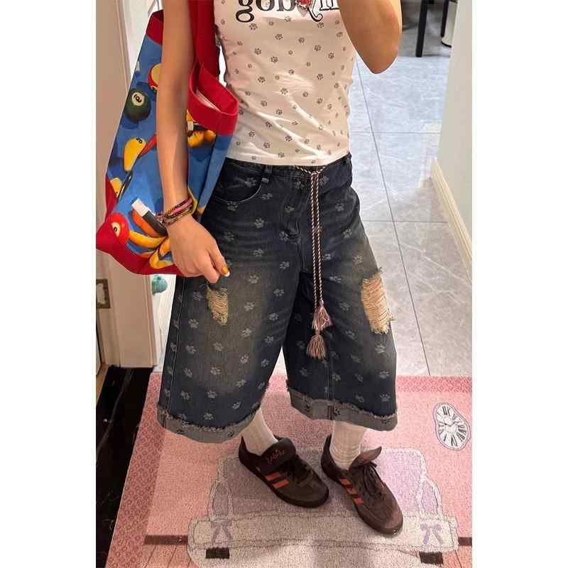 Other - 七分丈 パンツ レディース おしゃれ カジュアル デニム 夏 猫爪プリント ダメージ加工 アメリカン ヴィンテージ風 可愛い