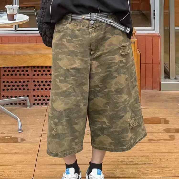 Cropped Pants - 七分丈 パンツ レディース おしゃれ カジュアル メンズ 迷彩柄 ワイドストレート ダメージ加工 ヴィンテージ風 ゆったり 夏