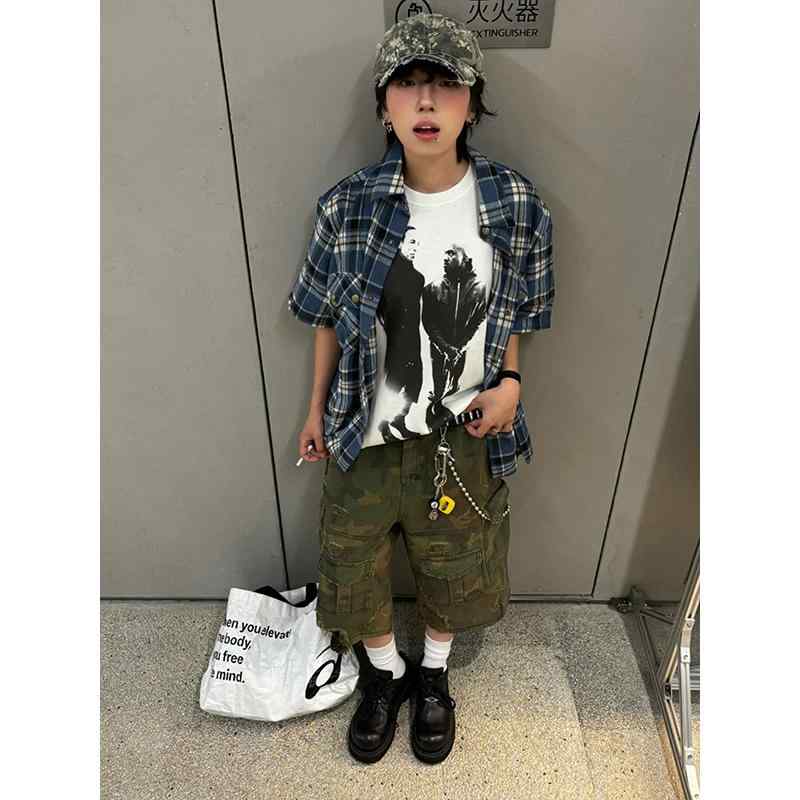 七分丈 パンツ レディース おしゃれ カジュアル ショート メンズ 夏 迷彩柄 ミリタリー 破れ加工 ダメージ ダメージ ワイド ゆったり 多ポケット アメリカン ヴィンテージ風