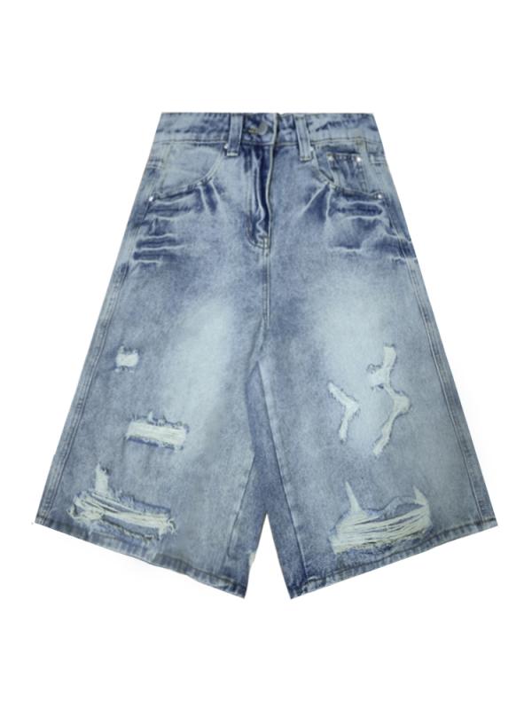 Nylon, Rayon, Polyester - 七分丈 パンツ レディース おしゃれ カジュアル 夏 ウォッシュ加工 ダメージ ハイウエスト ワイド ヴィンテージ風