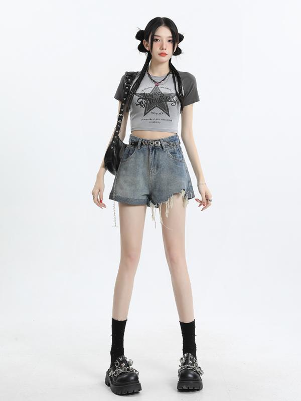 Short Pants - ショートパンツ レディース 夏 ハイウエスト aライン デニム 不規則 裾フリンジ ダメージ ゆったり 脚長 効果