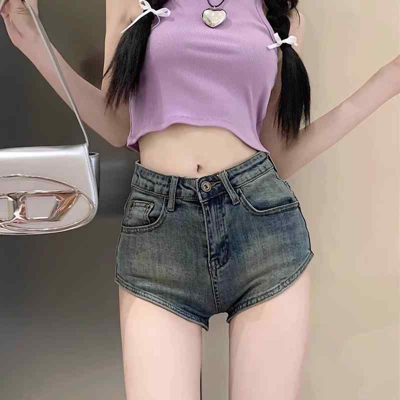 Nylon, Rayon, Polyester - ショートパンツ レディース 夏 ハイウエスト アメリカン ヴィンテージ風 デニム タイト 美脚 小柄 セクシー カジュアル