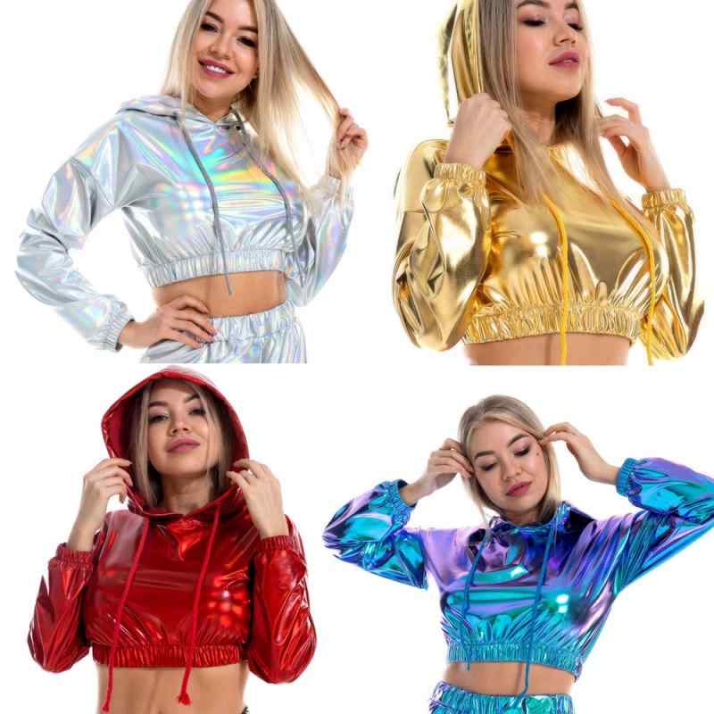 パーカー レディース クロップド フード 鏡面 光沢 銀箔加工 ヒップホップ ストリート ダンス イベント..