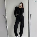セットアップ レディース 春秋 ヴィンテージ風 フード ショート ウエスト絞り クロップド ジップアップ カーディガン風 パンツ 体型カバー カジュアル