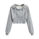 パーカー レディース フィッシュボーン ジップアップ フード クロップド丈 ストリート 春秋 スリム ウエストマーク カジュアル