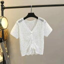Tシャツ レディース おしゃれ ホワイト メッシュ 透かし編み レース風 柄 Vネック ドローストリング 夏 ショート丈 薄手