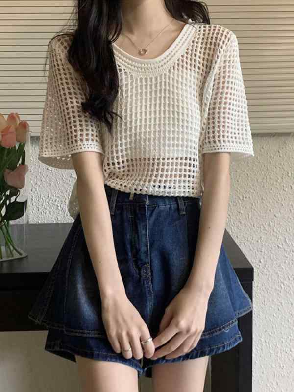 Plain - Tシャツ レディース おしゃれ 夏 半袖 透かし編み メッシュ ゆったり 見せ肌 透け感 日焼け防止 涼しい 快適 釣り網 ハイウエストコーデ
