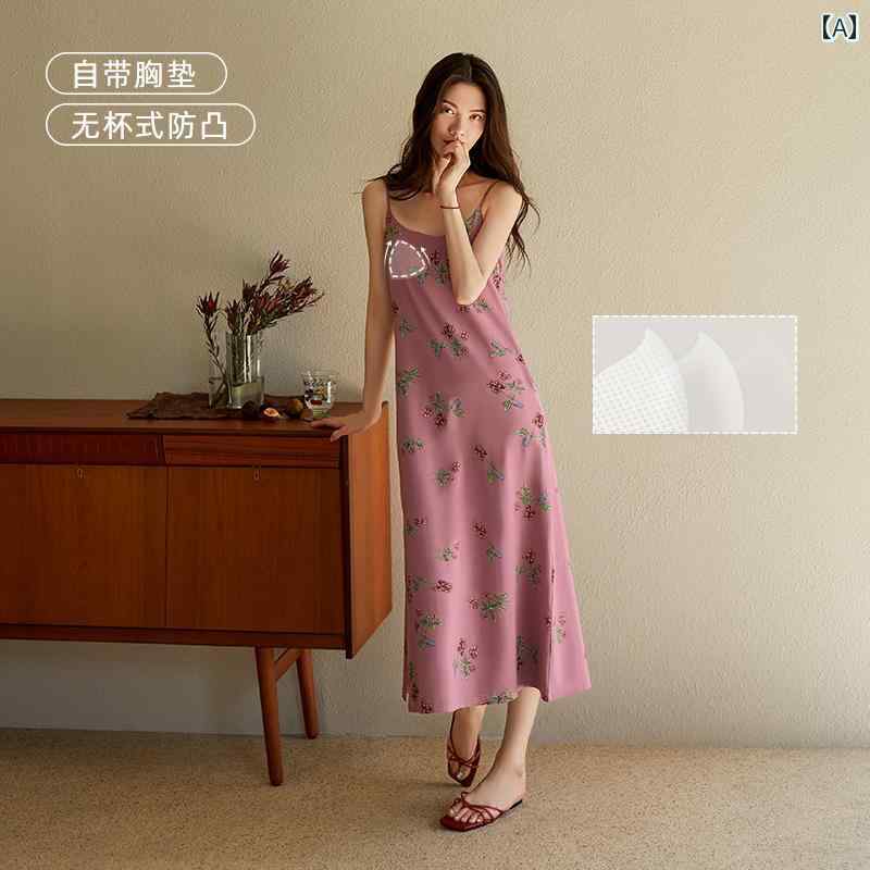 Room Wear - ルームウェア レディース ワンピース 大人 おしゃれ 快適 ピンク 胸パッド 綿 ロング丈 スリム 夏 キャミソール 部屋着
