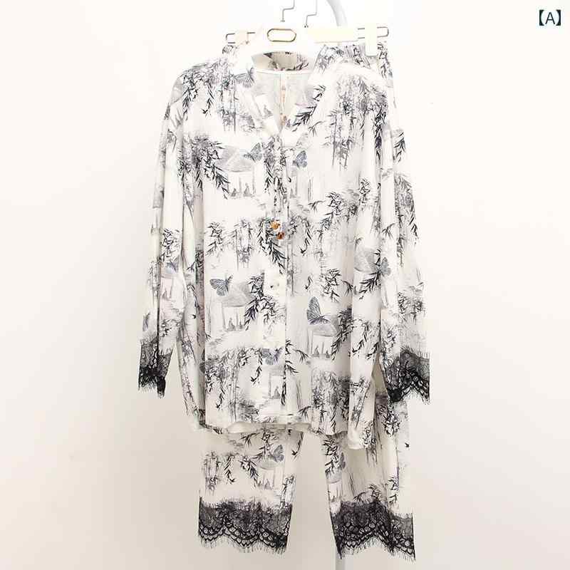 ルームウェア レディース セットアップ 大人 上下 おしゃれ 快適 パジャマ 春秋 綿 長袖 長ズボン 水墨画柄 中国風 プリント ゆったり